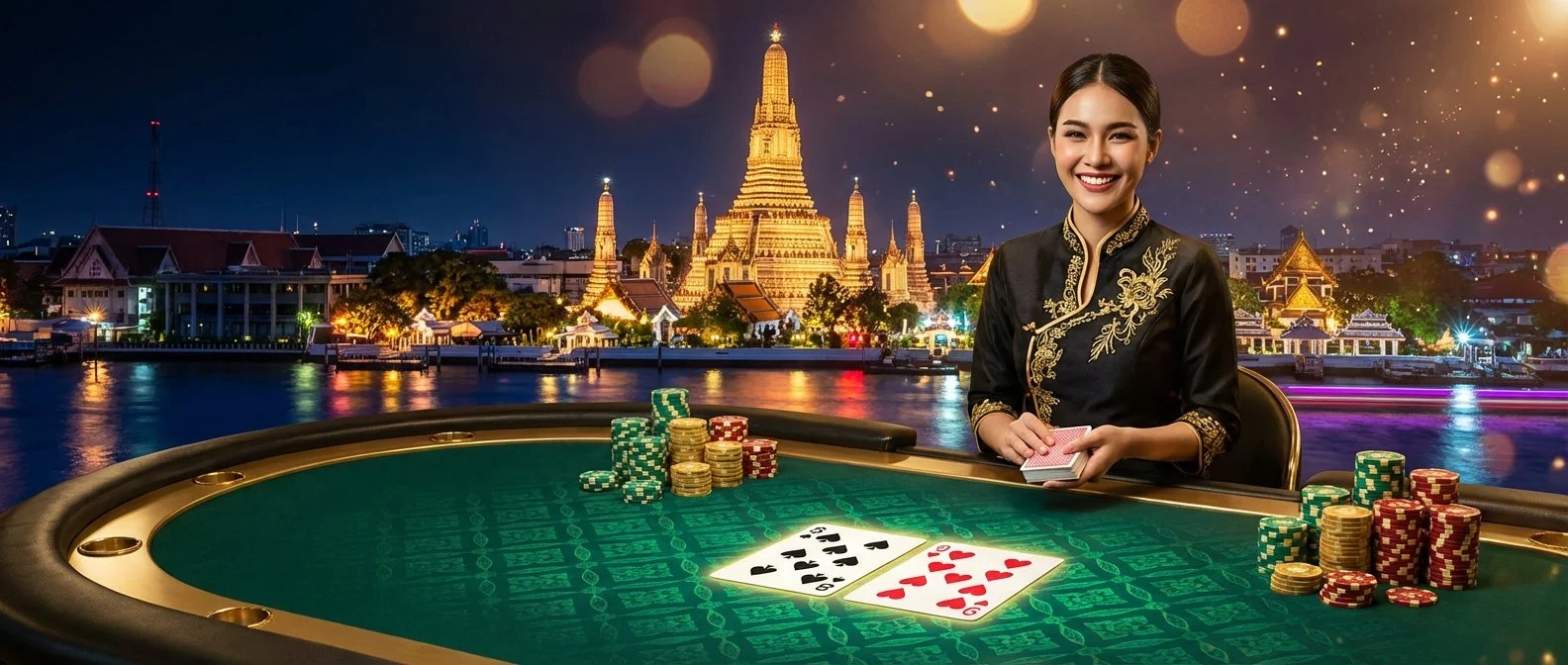 บาคาร่าออนไลน์ไทย - ดีลเลอร์สาวสวยพร้อมโต๊ะบาคาร่าหน้าวัดอรุณกรุงเทพ